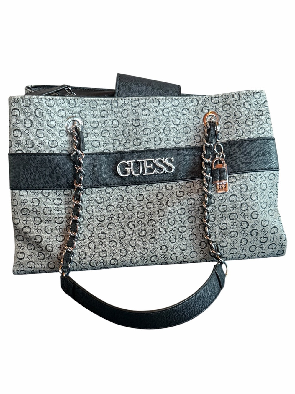 Guess Brooker Satchel in Black and Grey with Logo Print